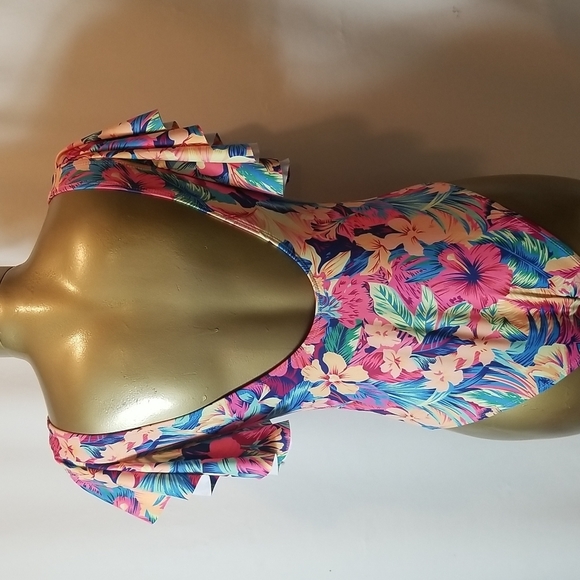 HAUTE PINK & BLUE TROPICAL PRINT LOW PLUNGE ONE PIECE SWIMSUIT - Picture 5 of 6